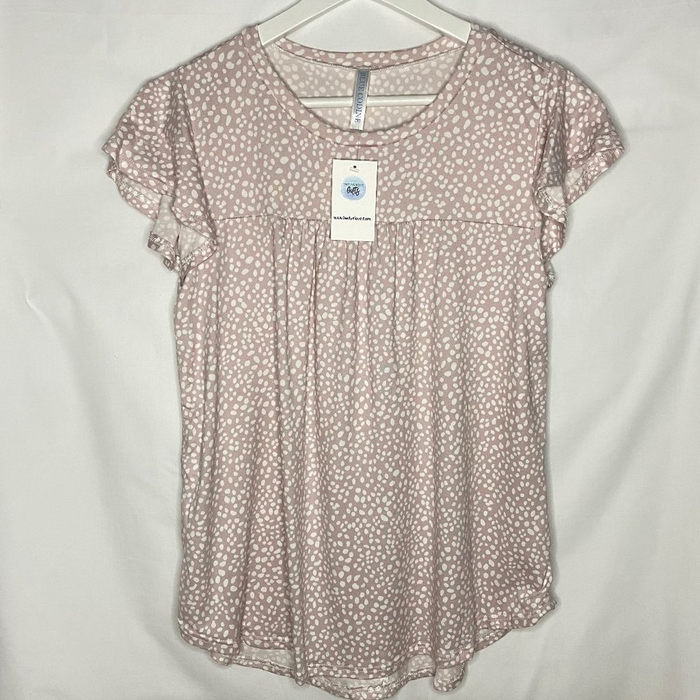 Ruffle Sleeve Round Neck Top- Dusty Rose with white spots